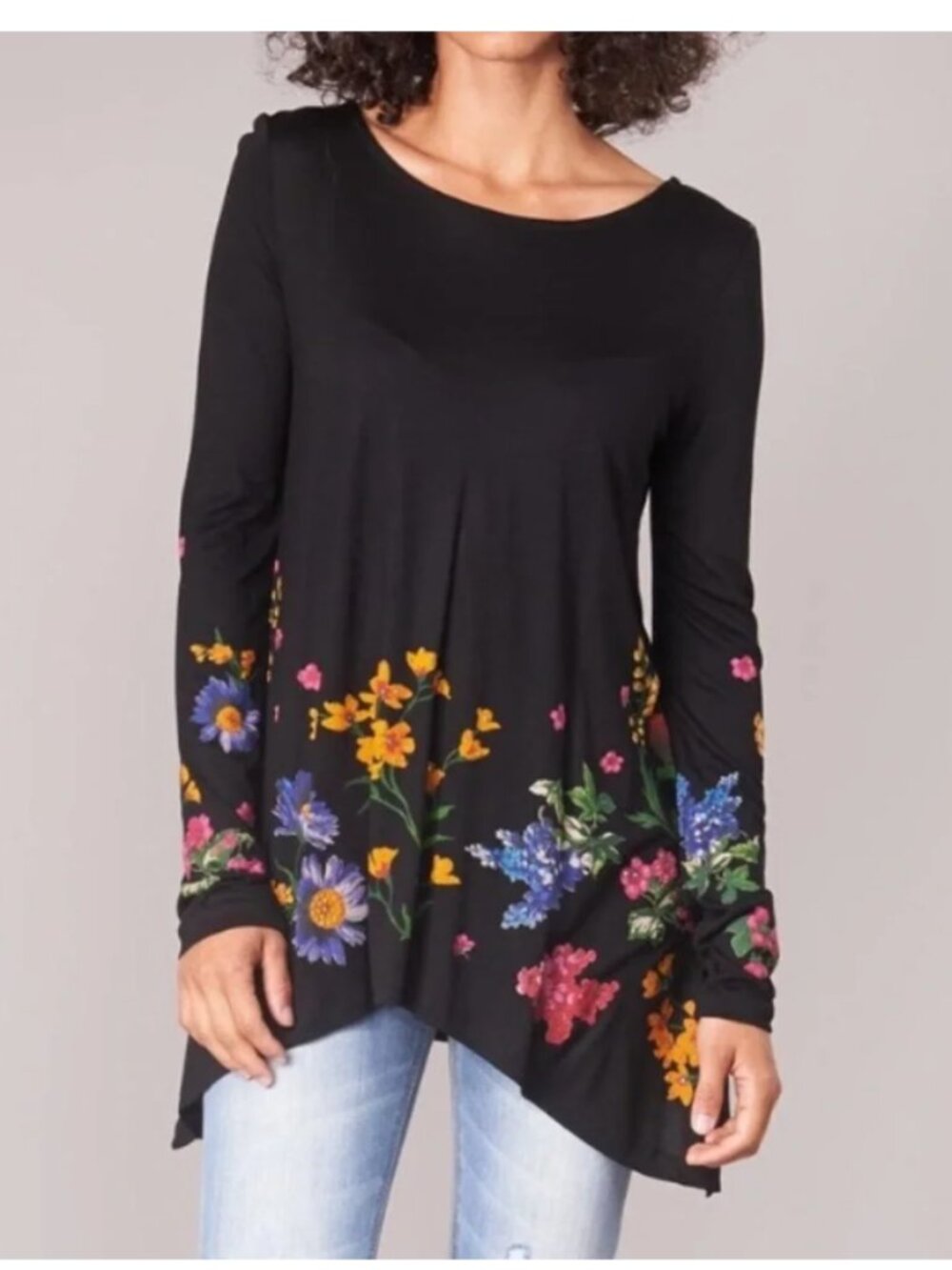 Desigual Black Yellow Blue Floral Asymmetric Hem Long Sleeve Tunic Corinne Shirt